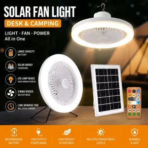 Solar Rechargeable LED Fan Light Remote Control Portable Outdoor Camping Fan Lamp Stand 3 Speeds Modes Desk Tent