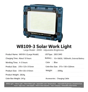 Solar Rechargeable Work Light LED Flood Light with Detachable Panel Removable Battery Adjustable Color Temperatures for Camping