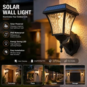 Solar Square Outdoor Wall Lantern Light Waterproof Led Garden Porch Vintage Exterior Wall Sconce for Villa Patio Balcony Yard