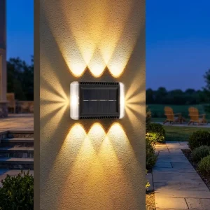 Solar Wall Light Outdoor 6 LED 4 Side Glow Warm White IP65 Waterproof Dusk to Dawn Auto On Off Fence Garden Pathway Decor