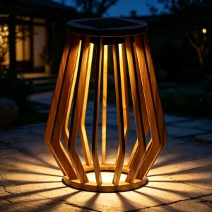 Solar Wooden Lantern Warm LED Patio Light Hollow Slat Wood Garden Floor Lamp Waterproof Courtyard Decor
