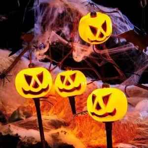 Solar-powered Halloween Pumpkin Ghost Eyes LED Floor Lamp IP55 Rating 2700K Warm White Light for Garden Road Yard Decoration