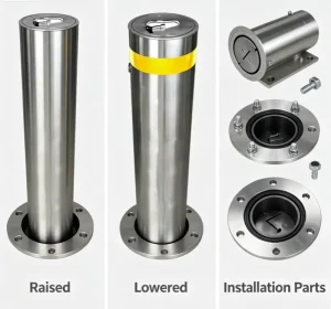 Stainless Steel Semi Automatic Bollard Gas Spring Rising Post Key Operated Anti Theft Security for Private Driveway