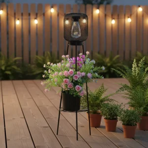TSINYE Black Mesh Solar Lights Outdoor with Plant Stands IP65 Solar Powered Tripod Floor Lamp for Garden Patio Without Flowerpot