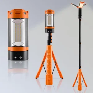 Telescopic Folding Camping Light Stand, 2600 Lumens, 5000K Daylight, IP65, Black/Orange