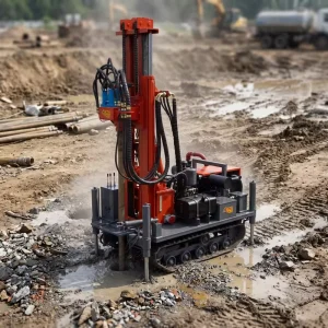 Tracked Hydraulic Borehole Water Well Drilling Rig Diesel-Powered Gear Motor Bearing Max. 200 m for Hard Rock