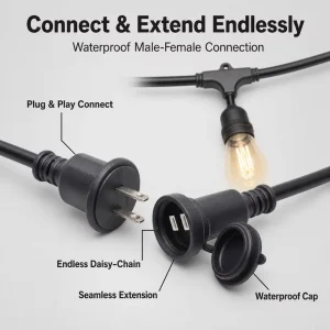 US Standard 1-15P & 1-15R Plug E26 Waterproof String Lights, Outdoor Decor Lights for Wedding Christmas Farm Campsite