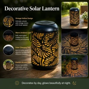 Vintage Hollow Metal Solar Garden Lantern Warm Projection Light Floor Mount Handing Outdoor Iron Lantern Decor For Garden