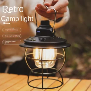 Vintage Rechargeable LED Camping Lantern with Adjustable Brightness Waterproof Hanging Light
