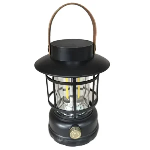 Vintage Solar LED Camping Lantern Solar and USB-C Rechargeable Dimmable Retro Plastic Cage Handheld Tent Light with Leather Handle