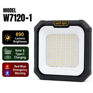 W7120 1 Solar Rechargeable LED Flood Light ABS IP44 Type C USB Output Magnetic Stand Hook Touch Control Dimmable Warm