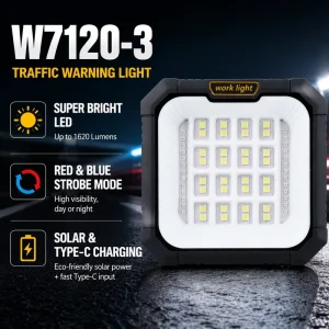 W7120 3 Solar Rechargeable LED Flood Work Light ABS IP44 1000+ Lumens Touch Control Type C Magnetic Base Hanging Hook