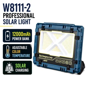 W8111-2 Solar Rechargeable LED Flood Work Light IP44 ABS Outdoor Certified 12000mAh Type C Battery Warm White Touch Control 4-5