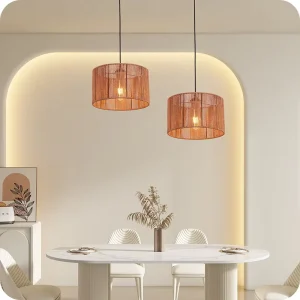 Wabi-sabi Small Rattan LED Pendant Lamp Adjustable Height Cylindrical Shape for Dining Rooms Guesthouses Outdoor Spaces