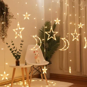 Warm White Star Curtain String Lights Indoor IP44 8 Modes Waterproof Plug Window Backdrop Ramadan Eid Christmas Party Islamic
