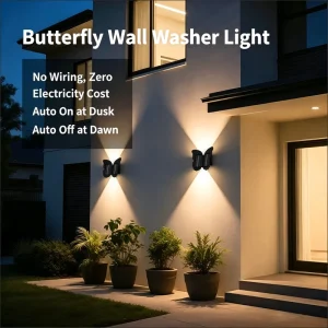 Waterproof Solar Butterfly LED Wall Washer Light Modern Outdoor Wall Lamp for Courtyard Balcony Stair Exterior Lighting
