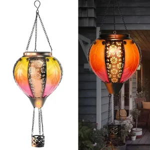Waterproof Solar LED Outdoor Patio Porch Stained Glass Hollow Hot Air Balloon Garden Light