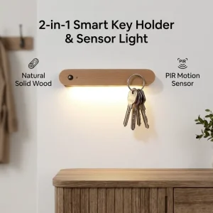 Wooden PIR Motion Sensor Night Light with Magnetic Key Holder Entryway Storage Solution Rechargeable LED Night Lamp