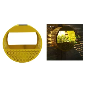 Yellow Circle Shaped Hollow Metal Solar Lantern Outdoor Decorative Light